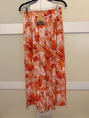 Main Strip Orange and Cream Tropical Leaf Wide Leg Pants